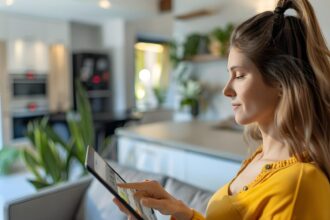 Kobieta sterująca inteligentnymi urządzeniami domowymi za pomocą tabletuConnected Home Technology IoT